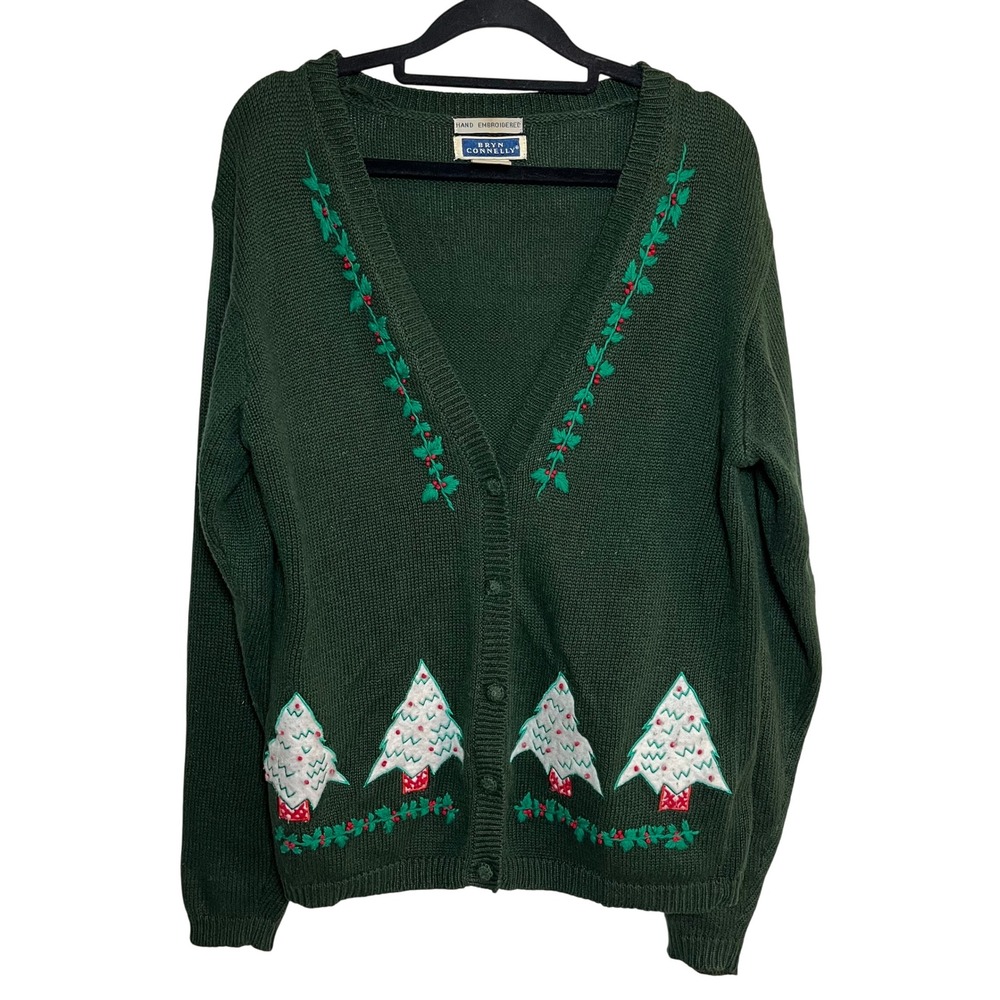 Vintage Green Embroidered Ugly Christmas Sweater Cardigan Sz Medium Winter Tree